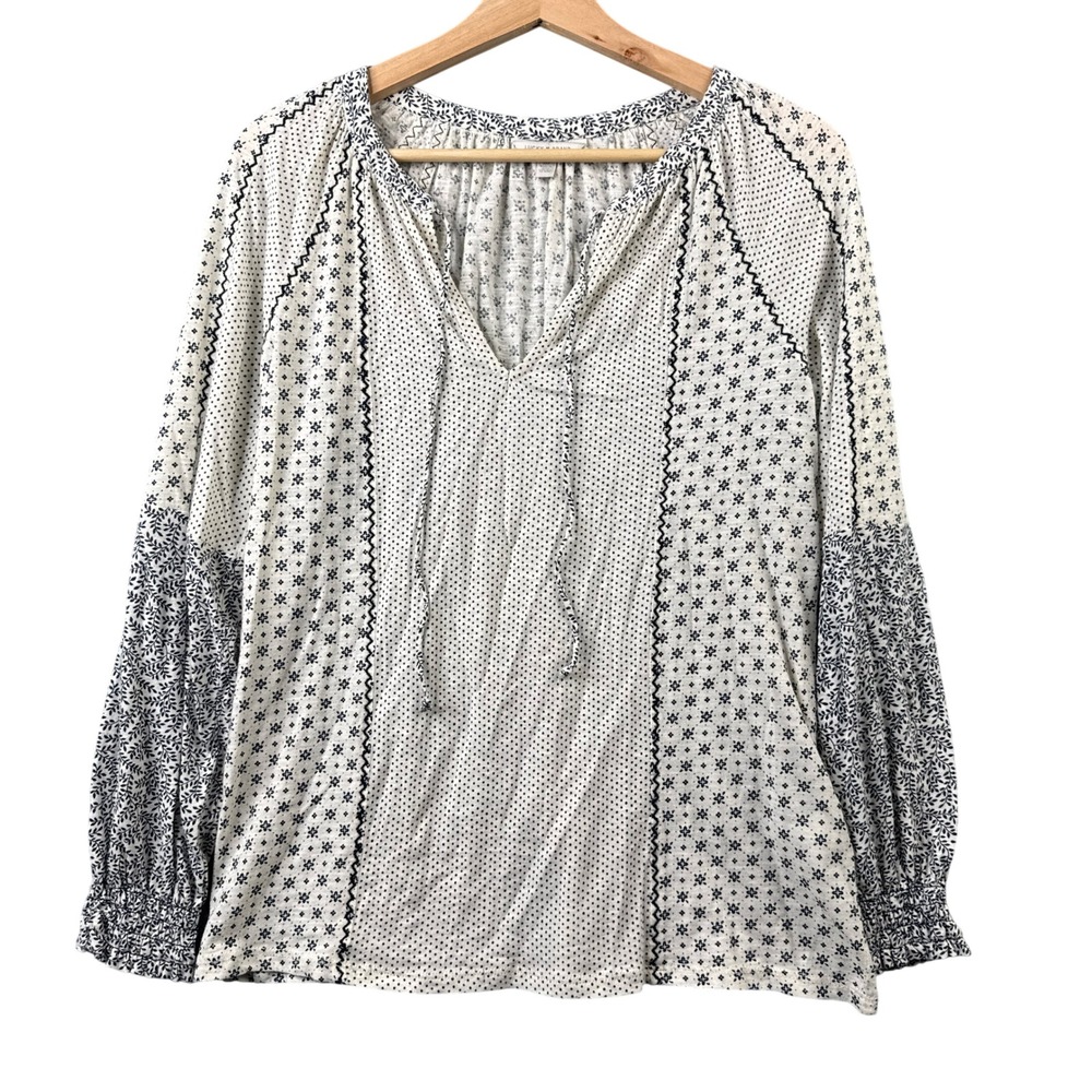 Lucky‎ Brand Womens Small White Blue Mixed Print 100% Cotton Boho Peasant Blouse